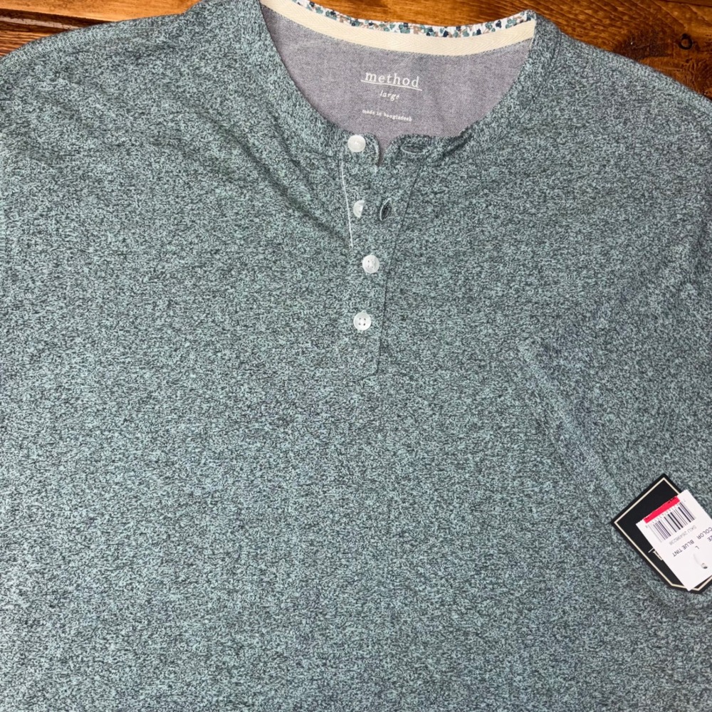 Method Henley Shirt Mens Large Blue Tint Short Sleeve Button Neck Marl Knit NEW